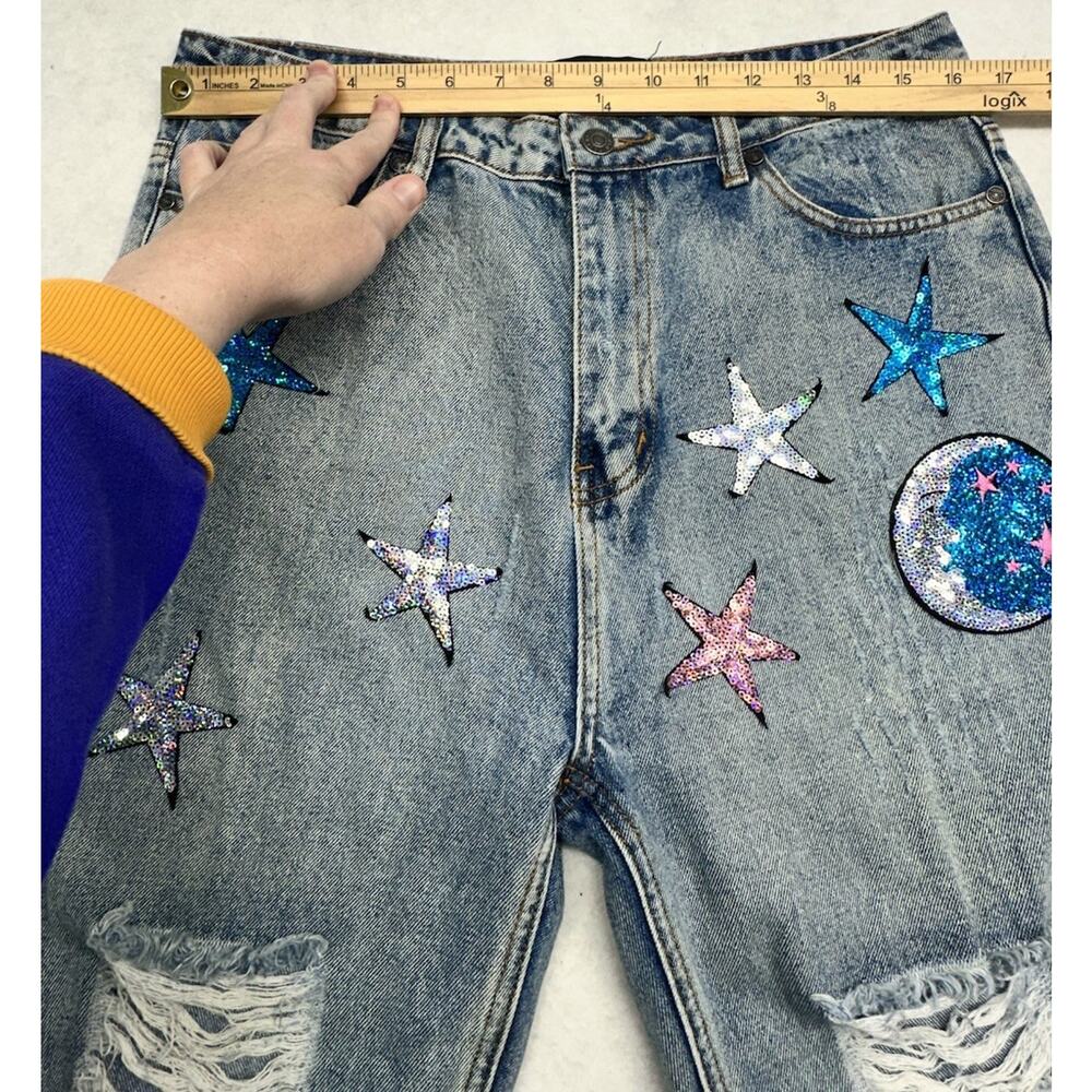 LF Taigwah Jeans Size 12 Star And Moon Denim Distressed Sequined - Picture 5 of 9